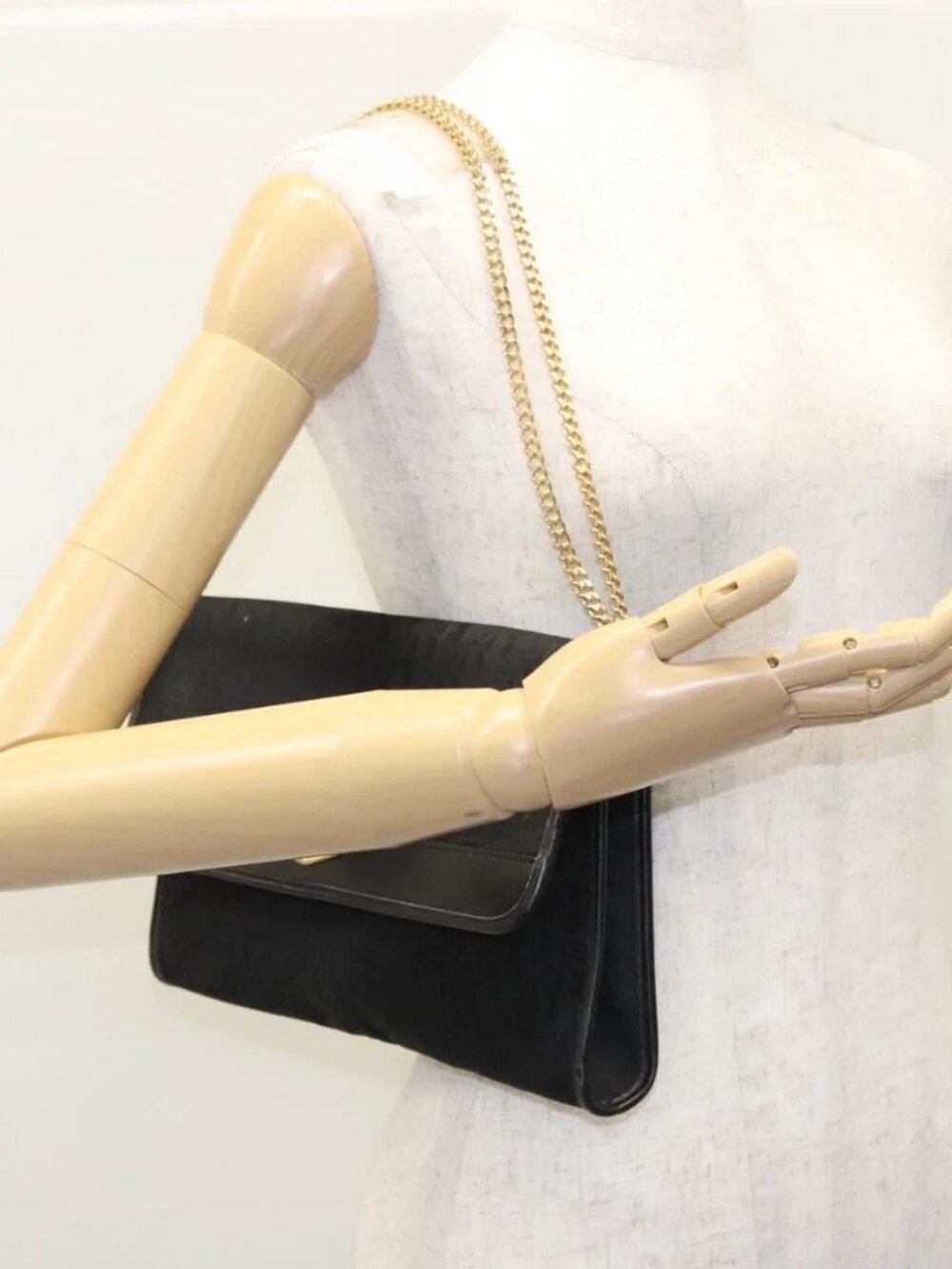 Christian Dior Trotter Canvas Chain Shoulder Bag Black Gold Auth bs23529